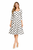 Model wearing a white and black polka dot midi dress with a square neckline, fitted three-quarter sleeves and flared skirt