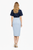 Navy Slit-Sleeve Blouse and Pale Blue Pencil Skirt Set