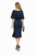 Navy Cape-Sleeve Cinched-Waist A-Line Midi Dress
