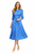 Model wearing a dark blue polka dot pleated midi dress with a matching belt