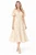 Beige floral-print midi dress with a V-neckline, short bubble sleeves, fitted waist and flared skirt