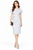 Model wearing a white short-sleeve sheath midi dress with a black tennis ball print and gathered waist detailing
