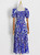 Blue Square Neck Shirred Midi Dress with Short Puff Sleeves