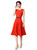 Model wearing a red zip-front fit-and-flare midi dress with a round neckline, cap sleeves and pleated skirt