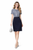 Model wearing a navy-and-white gingham mock two-piece pencil dress with a roll collar, short sleeves and coordinating belt