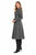 Model wearing a grey tweed A-line swing coat with lapel collar, button front and flared pleated hem
