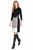 Model wearing a slim-fit black rib-knit top with a belted black-and-white colourblock A-line skirt