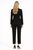 Model wearing a black contrast-stitched cropped blazer with matching high-waisted cigarette trousers