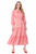Model wearing a red multicoloured geometric-print chiffon maxi dress with a tie neckline, three-quarter sleeves and a tiered skirt