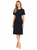 Model wearing a black pinstripe A-line dress with a round neckline, short sleeves and a fitted waist