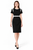 Black knee-length sheath dress with round neckline and black contrast trim