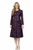 Model wearing a navy collarless double-breasted jacket with floral buttons, contrast piping and a matching striped A-line midi skirt