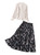 Beige Satin Blouse with Ruffled Neckline and A-line Bird Print Skirt Set