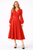 Model wearing a bright red V-neck puff-sleeve midi dress