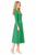 Emerald green collarless coat dress with satin trim and embellished buttons