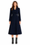Model wearing a navy mid-length wool-blend coat with notched lapels, a button-clasp waist belt and flared skirt