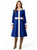 Model wearing a royal blue wool-blend coat with white contrast detailing, decorative buttons and a matching belt