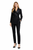 Model wearing a black double-breasted tuxedo blazer with satin lapels and padded shoulders