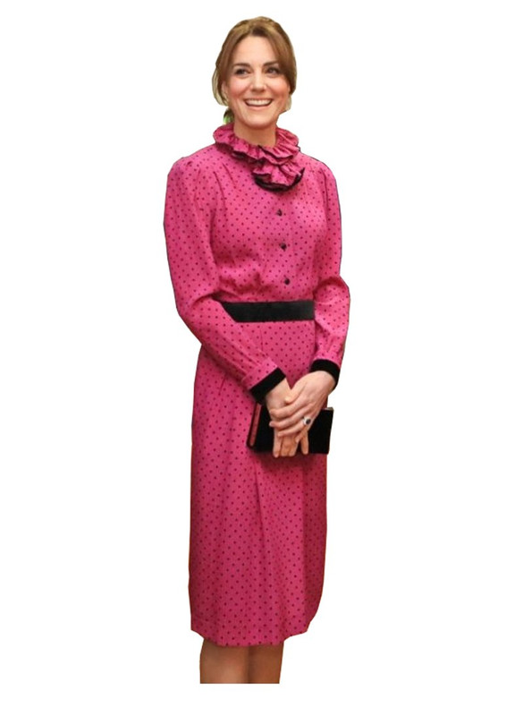 Pink Slim-Fit Ruffled Neck Polka Dot Midi Dress