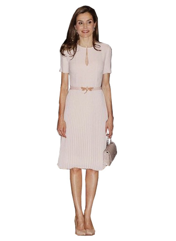 Pastel Pink Flared Pleated Midi Dress with Keyhole Detail