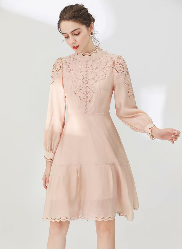 Embroidered Eyelet Knee-Length Dress with Stand-up Collar