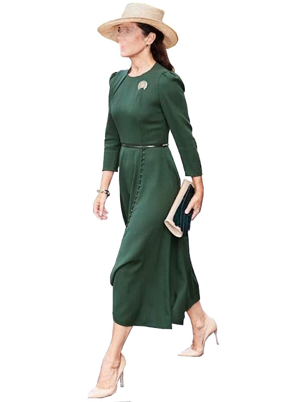 Olive Green Long Sleeved Midi Slit Dress with Button Design