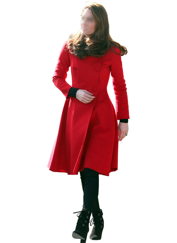 Velvet Collar Double Breasted A-line Midi Coat in Red