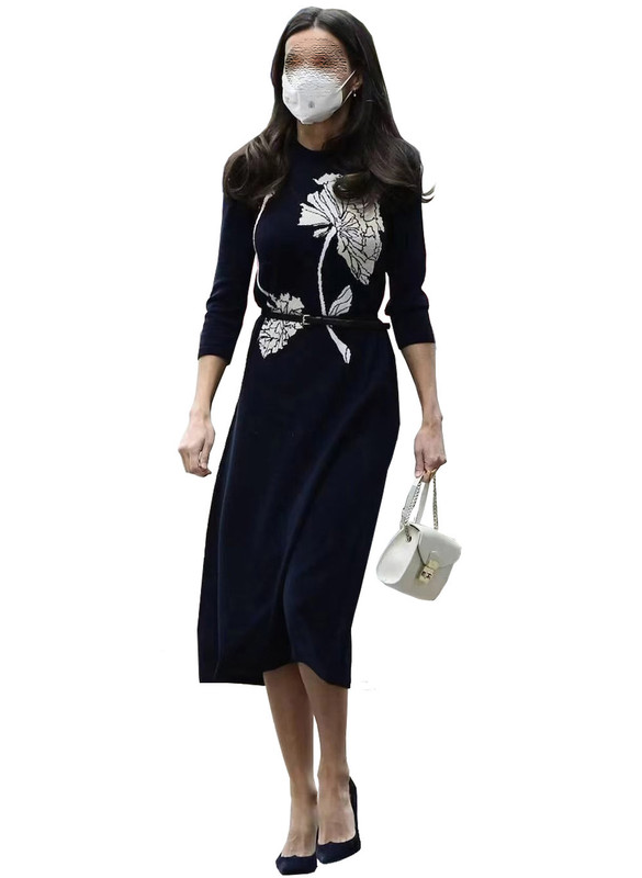 Navy Flora Wool Knit Evasé Midi Dress with 3/4 Sleeves