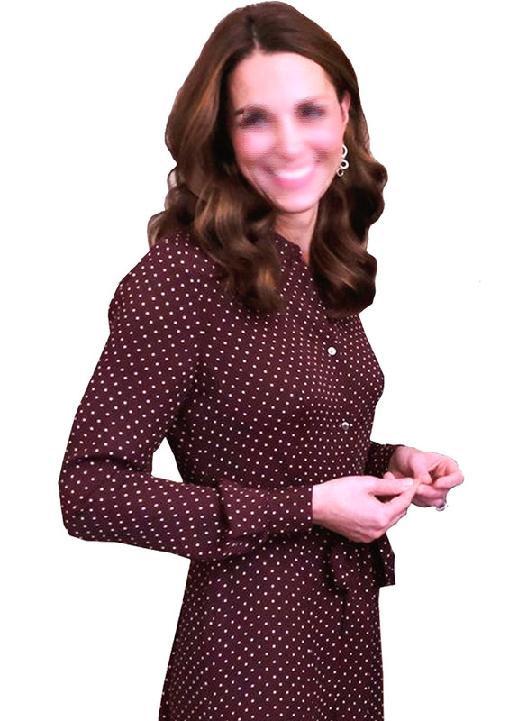 Middleton-Inspired Burgundy Polka Dot Midi Shirt Dress with Long Sleeves
