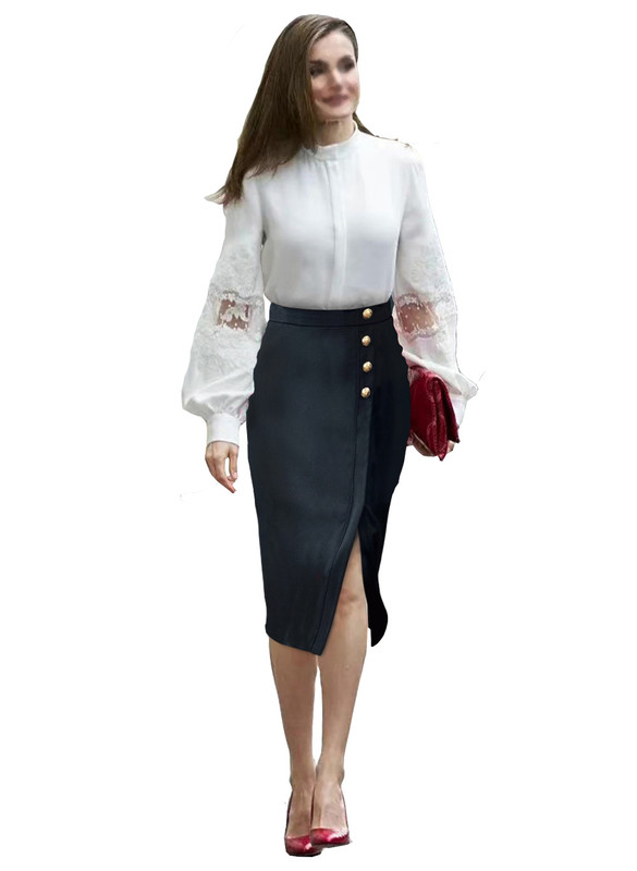 White chiffon Embroidered Blouse & Black Side-button Detailing Slit Skirt Set