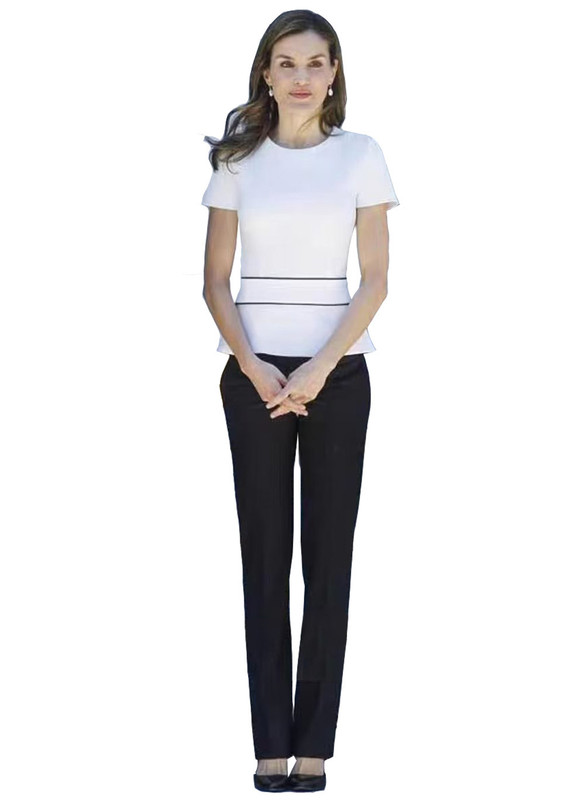 White Peplum Top and Black Straight-leg Trousers Inspired by Queen Letizia