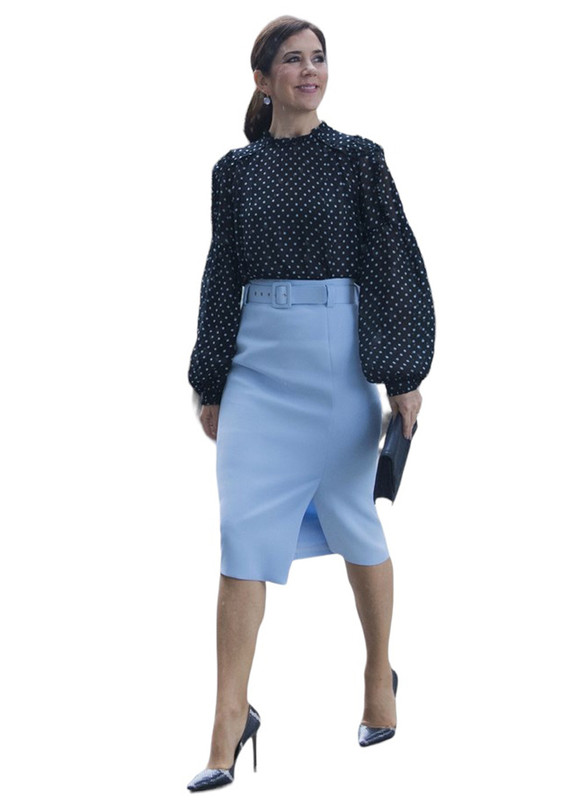 Black Polka Dot Chiffon Blouse & Blue Belted Slit Pencil Skirt Set