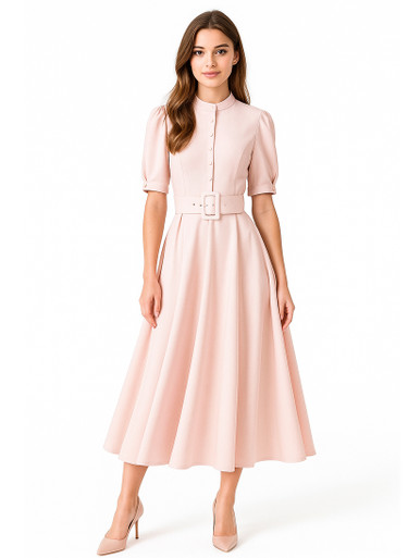 muguet stand collar midi coat(PINK) Blush Pink Puffy Fit-&-Flare Midi Dress with Mandarin Collar