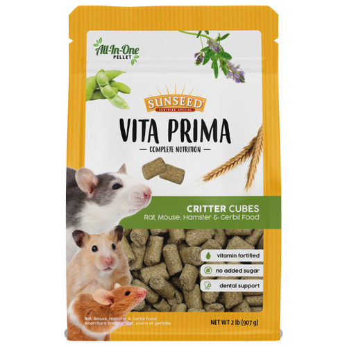 Sunseed Vita Prima Critter Cubes- Rat, Mouse, Hamster & Gerbil Food- Complete Nutrition Plus Dental Support 2 lb