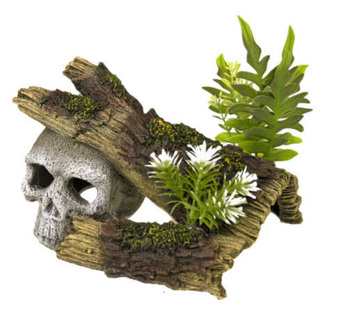 Blue Ribbon Skull Hideaway with Plants Aquarium Ornament 