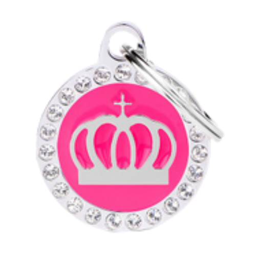 Myfamily Glam Crown Circle Fuchsia Strass Personaized Dog ID Tag 