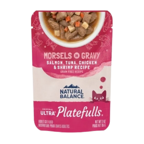 Natural Balance Platefulls Indoor Formula Salmon, Tuna, Chicken & Shrimp in Gravy Grain-Free Wet Cat Food Pouch