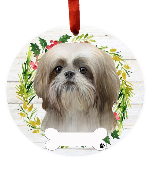 E & S Imports Shih Tzu Tan & White Ceramic Holiday Ornament 