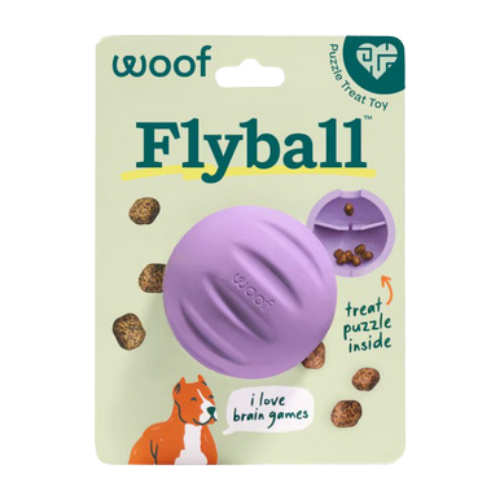 Woof Flyball Fetch Ball & Occupying Treat Dispensing Puzzle Dog Toy- Lavender 