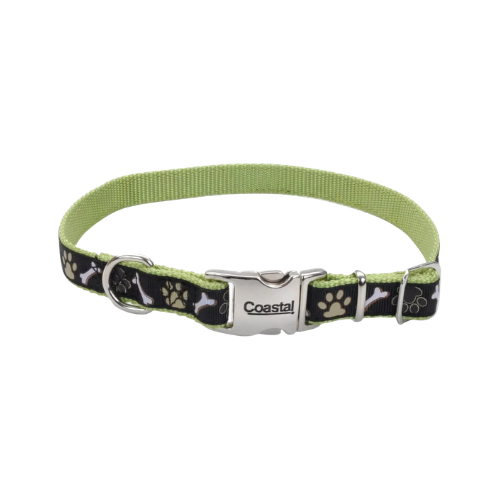 Coastal Pet Products Ribbon Adjustable Dog Collar with Metal Buckle- Brown Paws & Bones