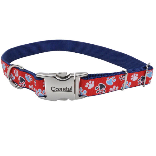 Coastal Pet Products Ribbon Adjustable Dog Collar with Metal Buckle- Red with Paws