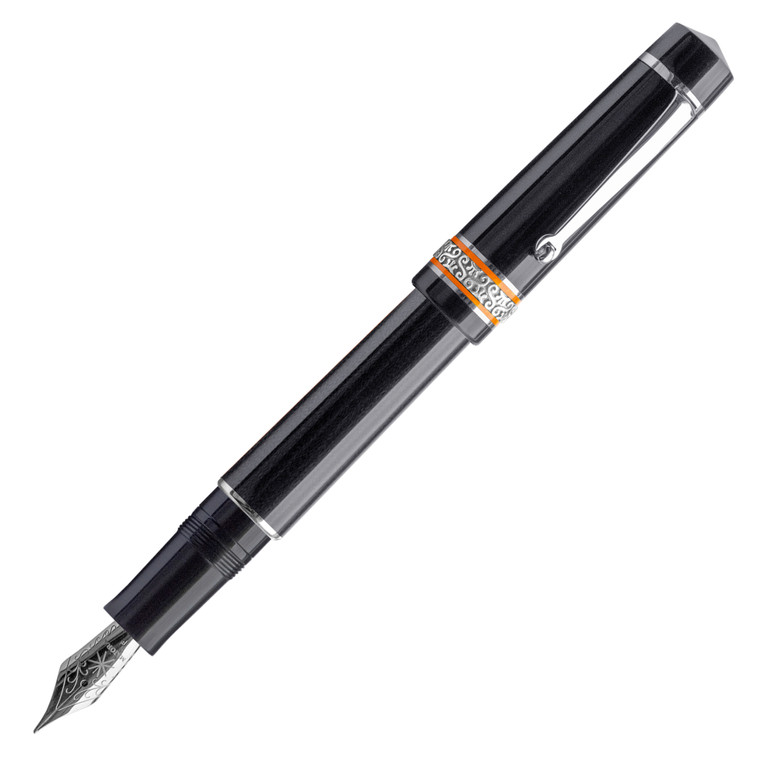 Maiora Mytho ORONERO (“BLACK GOLD” mirror black, orange rings / palladium plated)fountain pen