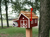 Burgundy and White Wooden Mailbox with Cedar Roof and Newspaper Holder on a post