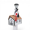 Amish-made White and Black Wooden Lighthouse Mailbox with Cedar Roof and solar light at top of lighthouse.
