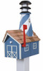 Country Blue and White Wooden Lighthouse Mailbox with Cedar Roof