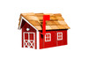 Cardinal red and white wooden mailbox with cedar roof