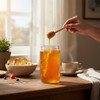 Golden comb honey dripping from a honey dipper into a jar on a rustic breakfast table with toast and coffee.