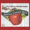 Label for Halladay's Harvest Barn Apple Crisp Mix with a large red apple and scenic background. Order Now from www.harvestarray.com.