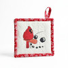 Peeking Snowman with Cardinal on his nose embroidered winter themed Potholder and Hot Pad designed and handmade in Kentucky for Harvest Array.