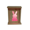 Spring or Easter Decoration Pink Rabbit Design Rustic Wood LED Lantern with a C7 white LED 120 volt bulb and 6' cord included. For indoor/outdoor use.